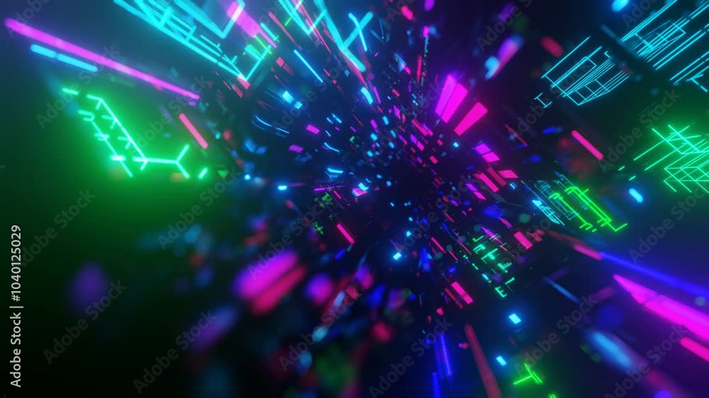 Poster hi-tech neon sci-fi tunel. trendy neon glow lines form pattern and construction in mirror tunnel. fl