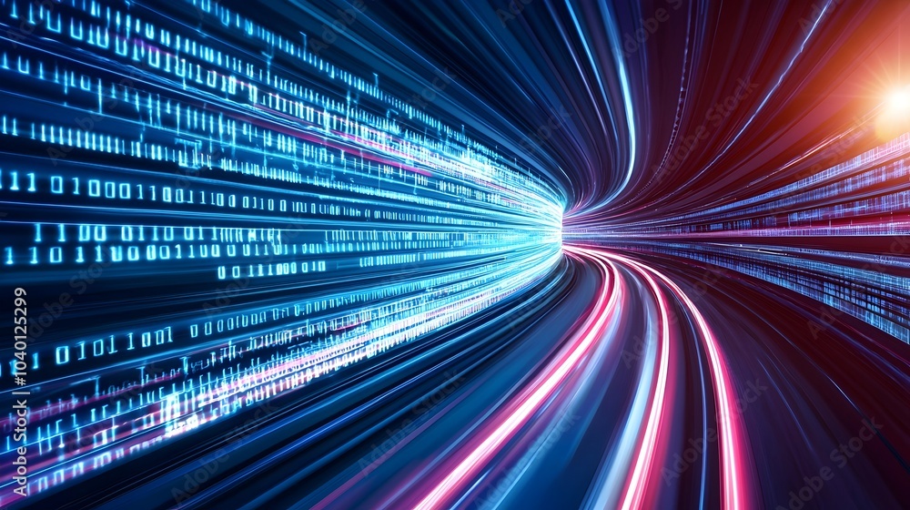 Poster futuristic time-travel tunnel with luminous trails - captivating digital patterns and infinity symbo