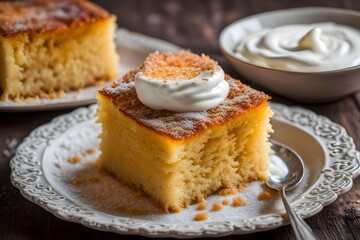 A layered turkish revani semolina cake soaked in sweet syrup served with a dollop of cream, Ai Generated