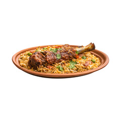 Aromatic Goat Meat Kabuli Biryani Plated with Perfection, Isolated on a Transparent Background for Social Media Promotions and Product Covers.