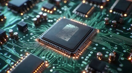 Chrome computer chip with ai engraving on green circuit board with glowing patterns