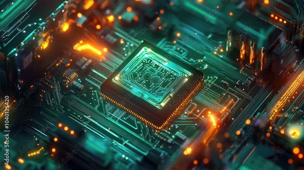 Poster chrome computer chip with ai engraving on green circuit board with glowing patterns