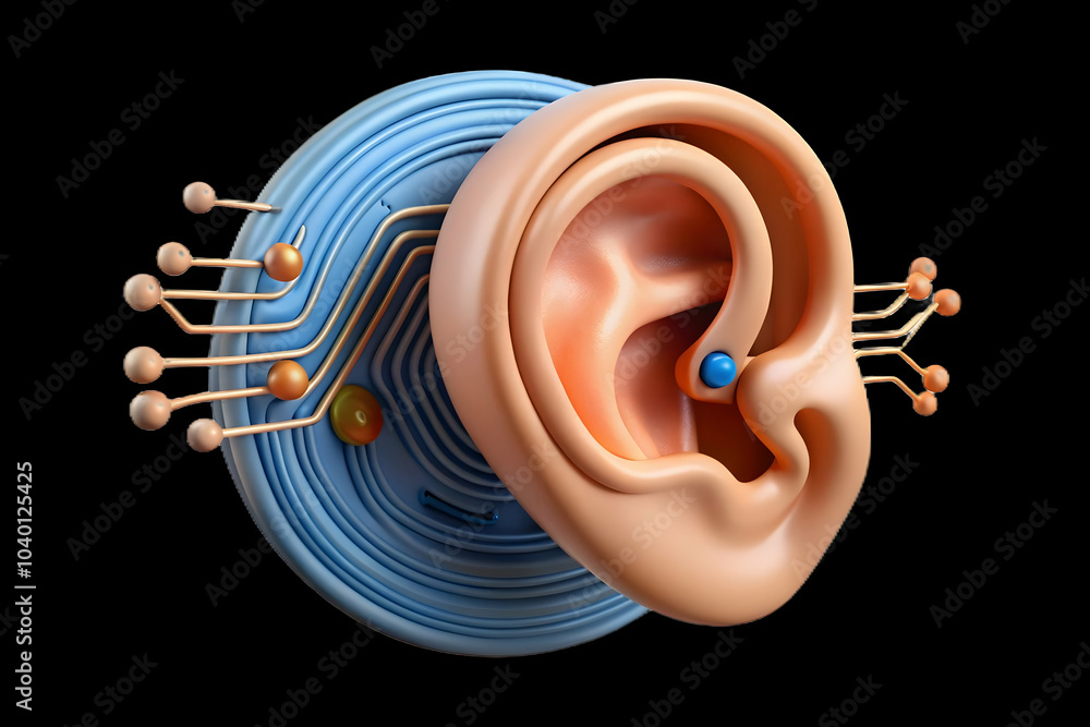 Poster close up human ear sound waves circuit overlay macro image enhanced communication technology ample c