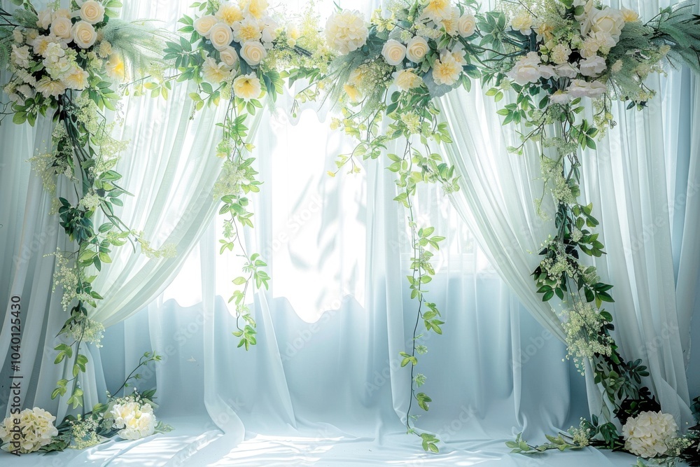 Poster Nordic style pale blue studio backdrop with a matte finish, white curtains with simple draping, highlighted by clusters of pale yellow hydrangeas and trailing greenery, with light fog haze spotlight