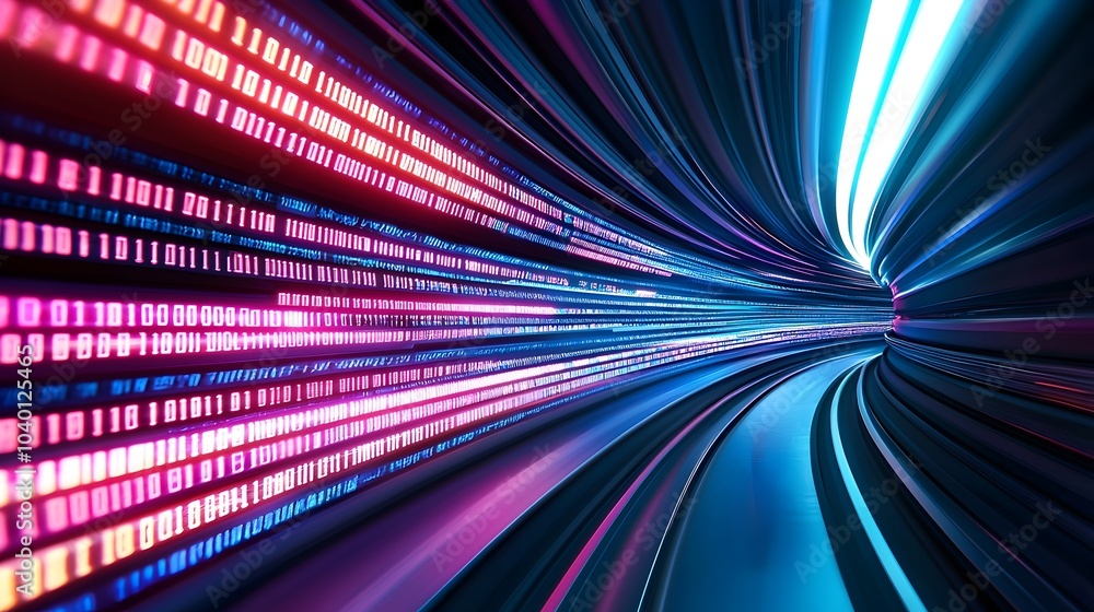 Poster futuristic glowing tunnel with digital time vortex - captivating time echoes and data flow in a surr