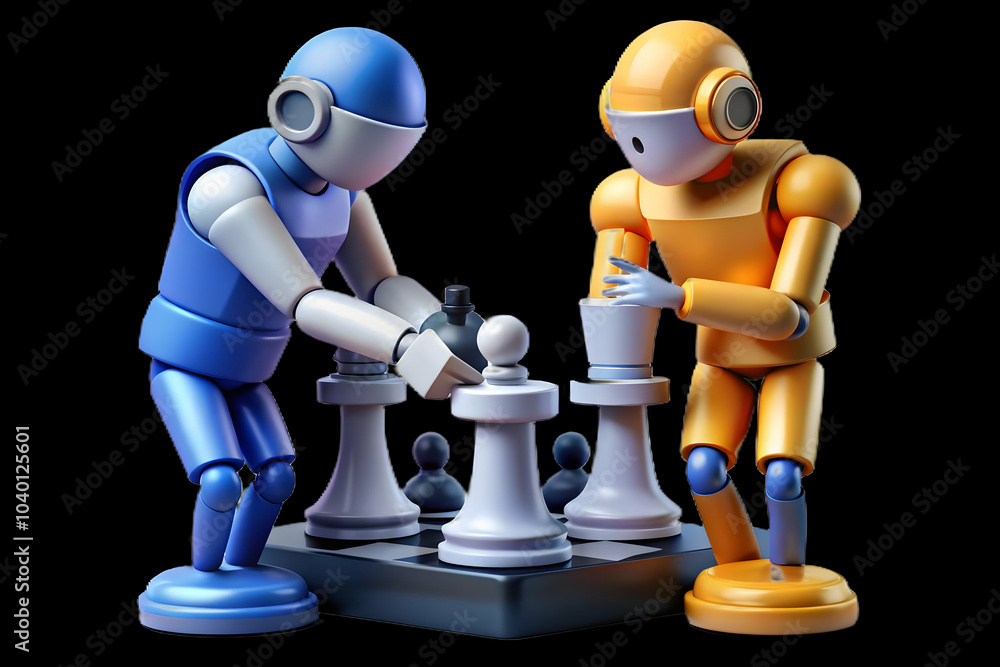 Poster Human Robot Chess Game Abstract Background Strategic Collaboration Competition Photo Stock Concept Soft Image Ample Copy Space Symbolizing Engagement of Human and AI in Chess