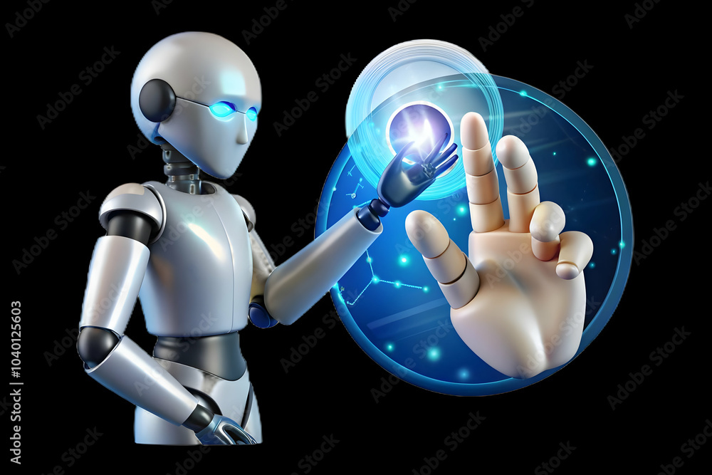 Aufkleber human robot touching fingertips glowing interface digital art abstract background connection collabo