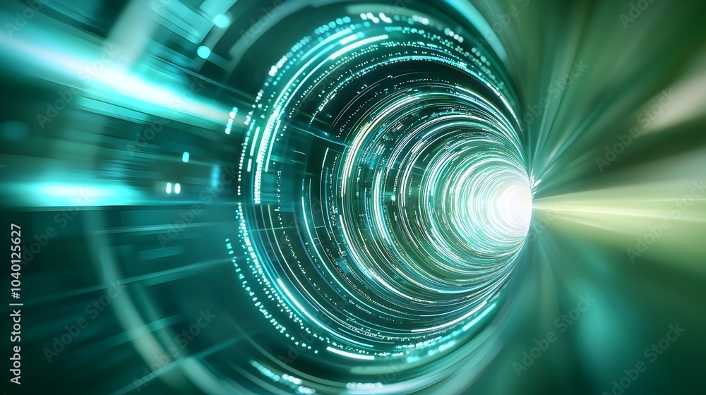 Poster futuristic spiraling light tunnel - cyber highway with glowing digital effects and glitchy visuals f
