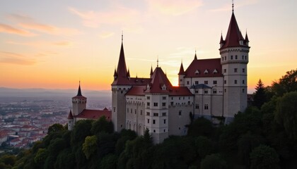 Fototapeta premium Elegant castle silhouette against sunset sky