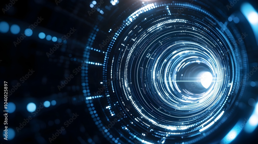 Poster endless sci-fi swirl with glowing reflections - a digital time stream in a virtual tunnel of mesmeri