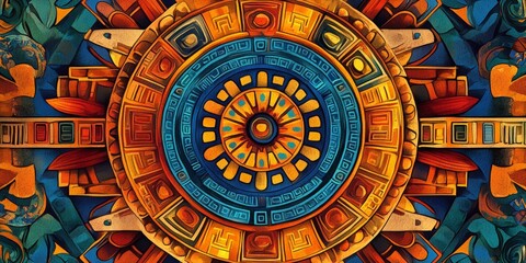 Fototapeta premium Vibrant Mesoamerican Mandala, intricate fresco style, bold colors, ancient cultural motifs, sharp geometric outlines