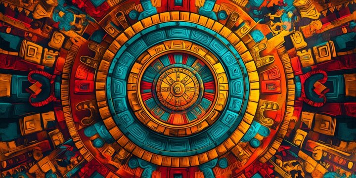 Vibrant Mesoamerican Mandala Design, intricate fresco patterns, bold colors, rich cultural heritage, sharp geometric outlines