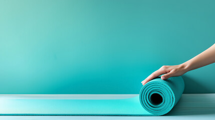 A person’s hand unrolls a turquoise yoga mat on the floor, preparing for a workout or meditation session in a calm setting.