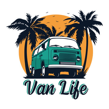 Summer vibes surfing camper van illustration with quote Camper Van for t-shirt, patch, sticker	