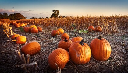 group of pumpkins in cornfield at dusk