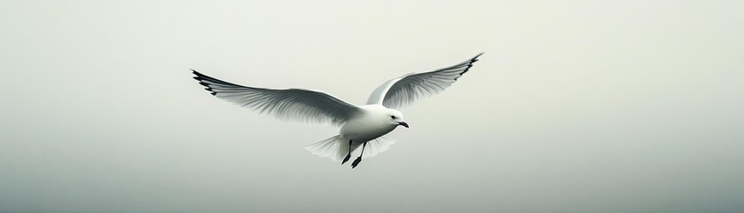 Fototapeta premium A lone, white bird flying in a pale, empty sky