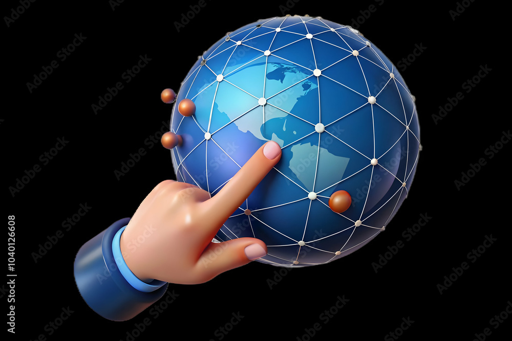 Poster glossy hand touching holographic globe global data network interconnected lines photo stock concept 