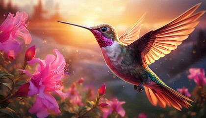 Obraz premium hummingbird in flight with beak open wings wide and pink flowers in foreground