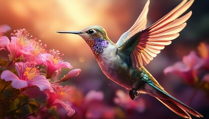 Fototapeta premium hummingbird in flight with beak open wings wide and pink flowers in foreground