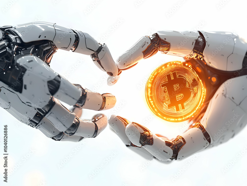 Poster robotic hands exchange glowing digital coin - futuristic financial responsibility concept in a simpl