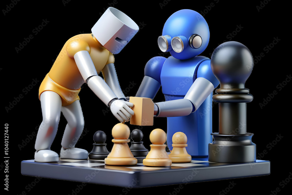 Poster human robot chess game abstract image strategic collaboration competition ample copy space soft back