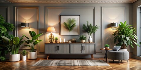 Modern Interior Design with Square Frame Mockup, Cabinet, and Ornamental Plants for Stylish Room Decor