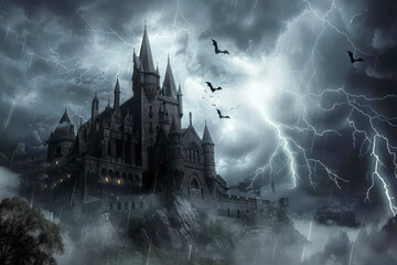 Old abandoned castle against the backdrop of thunderstorm and lightning at night