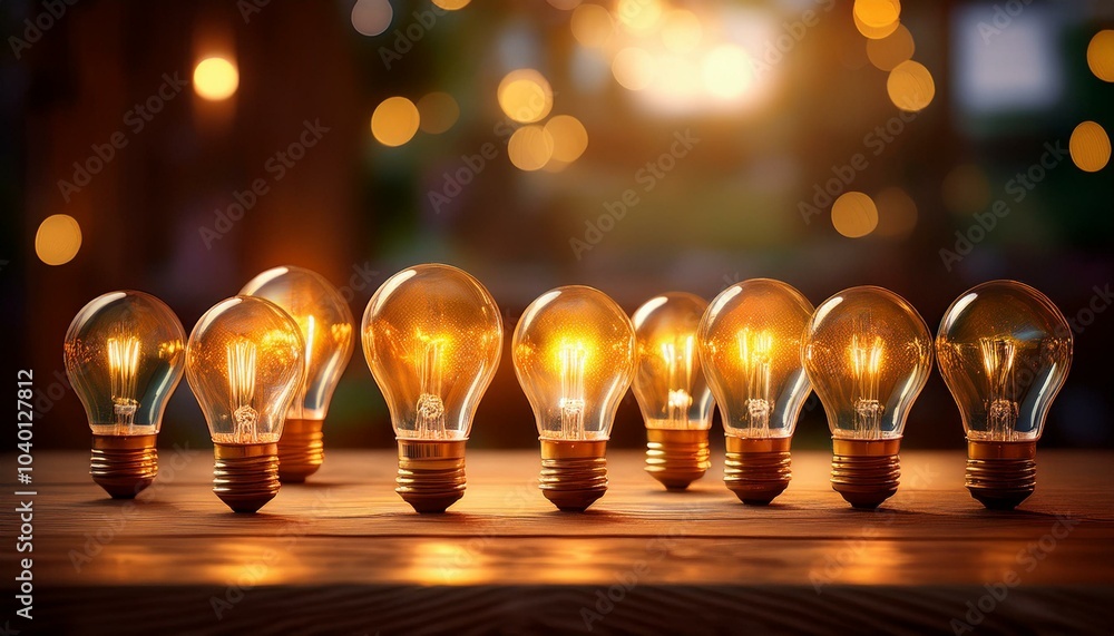 Wall mural multiple light bulbs resting on a wooden table generative ai