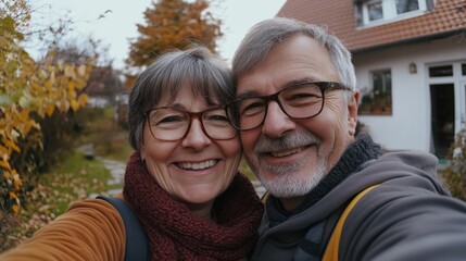 Fototapeta premium old couple smiling and hugging in front of their house