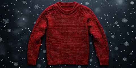 A simple red knitted sweater with subtle patterns, displayed against a dark, snowy background