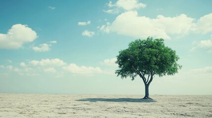 African tree standing alone on a barren plain, with room for text in the sky