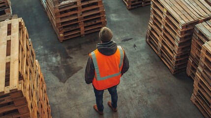 Fototapeta premium Warehouse Worker Overlooking Pallet Stacks