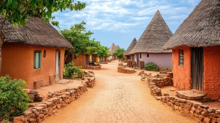 Fototapeta premium African village with thatched roofs and clear sky, leaving space for text
