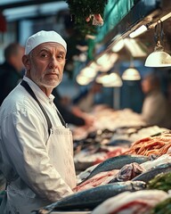 Smiling Fishmonger Standing Proudly at Seafood Stall with Fresh Fish and Shellfish on Ice