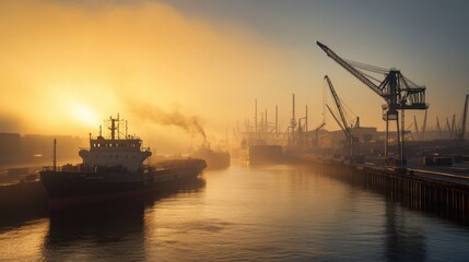 A contemporary dockyard bathed in the glow of sunrise, symbolizing the dawn of global commerce, photography style