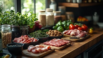 Stylish kitchen scene paleo dietfriendly foods like lean meats nuts and fresh vegetables artfully arranged on wooden and ceramic dishes portraying the natural approach to biohacking through diet