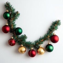 Christmas ornaments on a pine branch, white isolated background.
