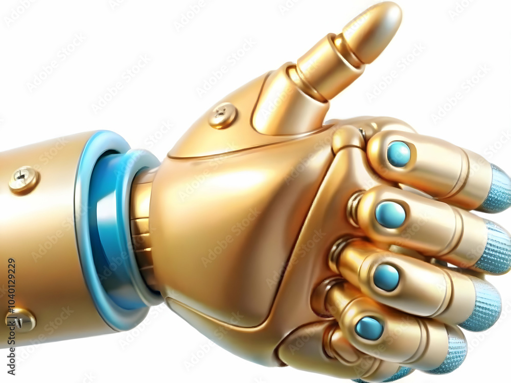 Aufkleber glossy robot hand pointing forward on plain black background - futuristic ai technology concept for 