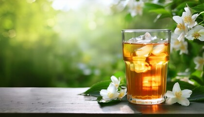 refreshing jasmine iced tea in glass on lush green nature background