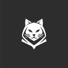 Obraz premium simple minimalist bold mysterious cat head in hoodie, black and white, gaming pet shop logo vector illustration