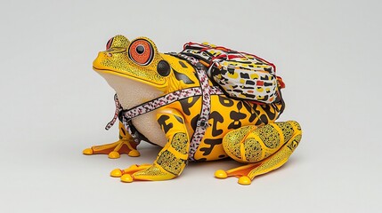 Yellow frog with backpack, colorful fabric.