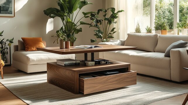 Creative storage solutions in a modern living room with a multifunctional coffee table and stylish décor