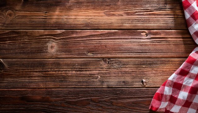 rustic wooden surface with red and white checkered fabric corner