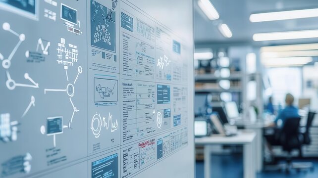 Warehouse and inventory schedule management concept. Detailed scheduling system on a whiteboard in a warehouse office, warehouse planning, operations coordination