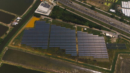 Overhead drone footage of solar panels, renewable energy and the energy industry