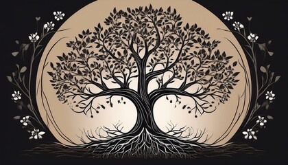 silhouette tree with deep roots and blooming branches symbolizing