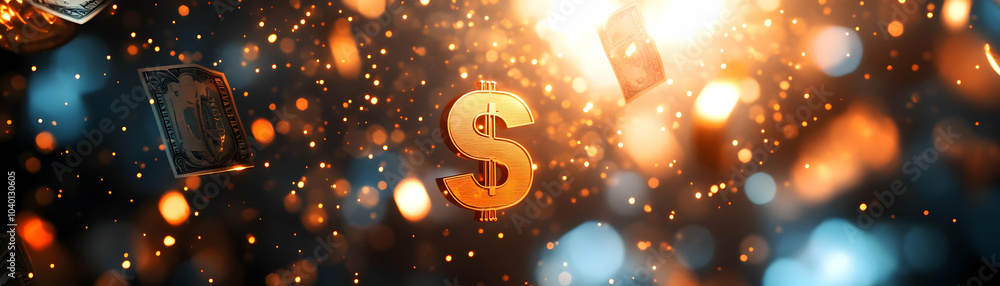 Poster bokeh currency symbols: soft focus floating symbols on shimmering bokeh background for rising revenu