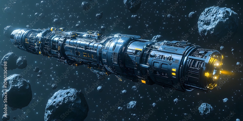 Aufkleber a futuristic spacecraft navigating through an asteroid field in outer space.