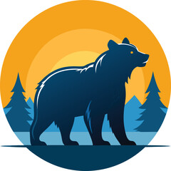 a bear is standing in the forest with an orange sunset in the background