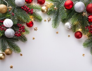 spruce branches with new year red white gold silver decorations and lights on a white background
